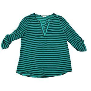41 Hawthorn Shirt Woman's Size Medium Green Black Striped Semi-Sheer 3/4 Sleeve